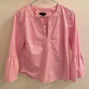 NWT J Crew Pink and White Cotton Popover Blouse with 3/4 length Bell Sleeves.